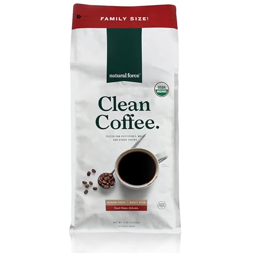 Natural Force - Bulk Organic Clean Coffee Classic, Mold & Mycotoxin Free, Lab Tested for Toxins & Purity, Low Acidity, Incredible Taste & Aroma, Whole Bean Medium Roast, 5 lbs