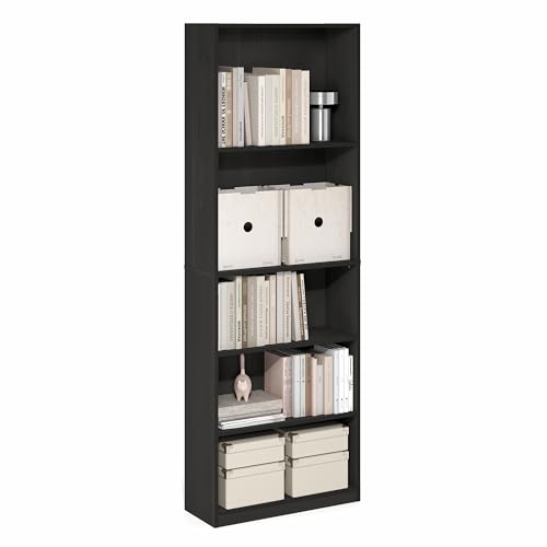 Image of Furinno Jaya Book Shelf, 5-Tier Tall Book Shelf, Bookcase with Open Shelving, Standing Bookshelf, 9.5 x 24.6 x 71.1, for Organization and Storage, for Home Office, Living Room, Espresso
