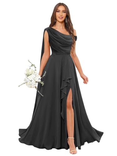One Shoulder Black Bridesmaid Dresses with Ruffles Side Slit Chiffon Ruched Long Formal Dress for Maid of Honors Size 0