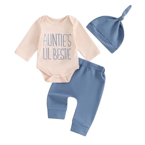Aunties Bestie Baby Clothes Gender Neutral Unisex Funny Letter Bodysuit Romper Solid Leggings Pants Hat 3Pcs Outfits