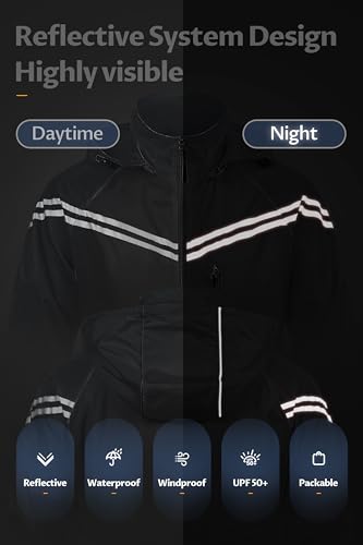 Image of CREATMO US Men's Packable Waterproof Running Rain Coats Reflective Cycling Jacket Windbreaker With Removable Hood