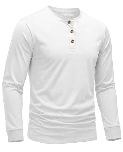 EKLENTSON Long Sleeve Shirts for Men Henley Shirt Casual Cotton Lightweight Shirts 3-Button Tee Basic T Shirt White M