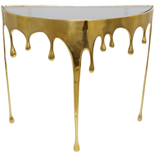 Image of Deco 79 Aluminum Metal Abstract Living Room Console Table Crescent Drip Table with Melting Design Legs and Glass Top, Entryway Table 36 inch x 14 inch x 32 inch, Gold