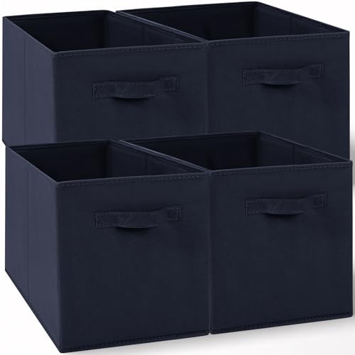 Amazing Tour 4 PCS Cube Storage Boxes 33x38x33 Foldable Fabric with Handles Collapsible for Home Office Nursery Organiser - Clothes Basket Containers, Navy Blue