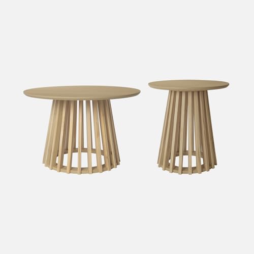 sweeek - Set de 2 Tables Basses Rondes Plateau Effet Bois chêne et Pieds en Bois de Sapin. Ø40cm et Ø60cm