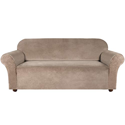 Turquoize Velvet Sofa Slipcover Stretch Couch Covers for 3 Cushion Couch Thick Soft Sofa Cover with Non Slip Straps Furniture Protector, Couch Covers for Dogs, Form Fit Couch Slipcover (Large, Taupe)