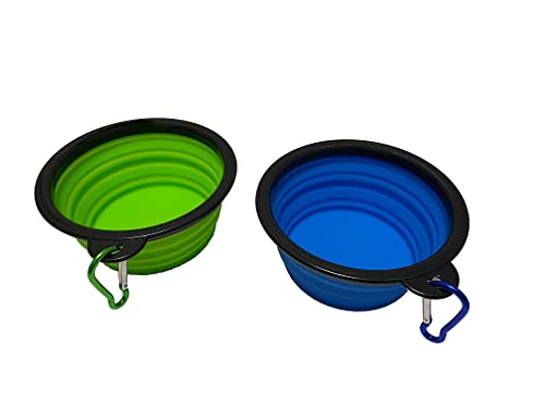 SAGESONG Medium Portable Collapsible Pet Bowl, Foldable Food & Water Dish for Dogs & Cats, Ideal for Travel, Hiking, Camping & Outdoor Activities (Green + Light blue) 2 Pack with 2 Carabiner, BPA Free