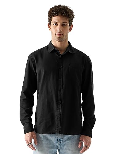 Image of The Souled Store Original Solids: Black Men Cotton Linen Shirts
