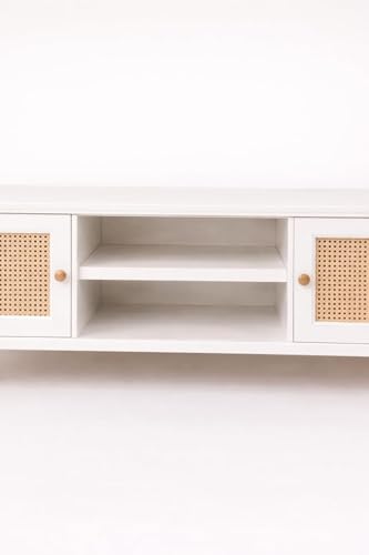 Image of TV Stand for 65 inch TV, Dark Chocolate (White Colour) | Premium Solid Wood, 10 Minutes Assembly (Legs Only), Aesthetic Rattan Doors, Mid Century Entertainment Center