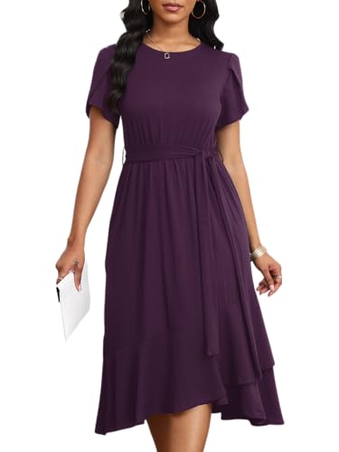 Image of PerZeal Women's Summer Dress Casual Ruffle Sleeve Crewneck A-Line Tiered Flowy Short Sleeve Long Dress with Belt