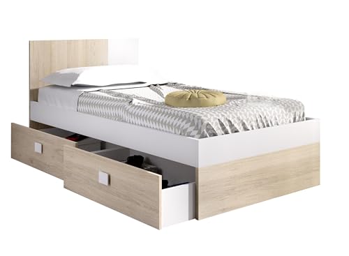 DEKIT Grupo RIMOBEL Dina - Cama de 90X190 con Dos cajones bajo Cama - Natural/Blanco - 79 x 97 x 196