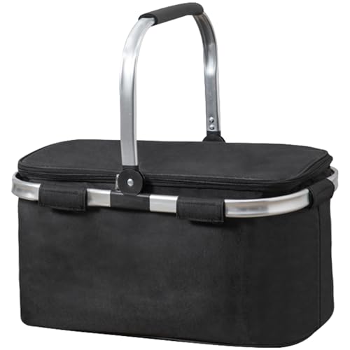 Ogetok 30L Isolierter Picknickkorb, großer Einkaufskorb Faltbare thermische Kühltasche Kühlbox, zusammenklappbarer tragbarer isolierter Picknickkorb mit Reißverschlussdeckel und Griff, Schwarz