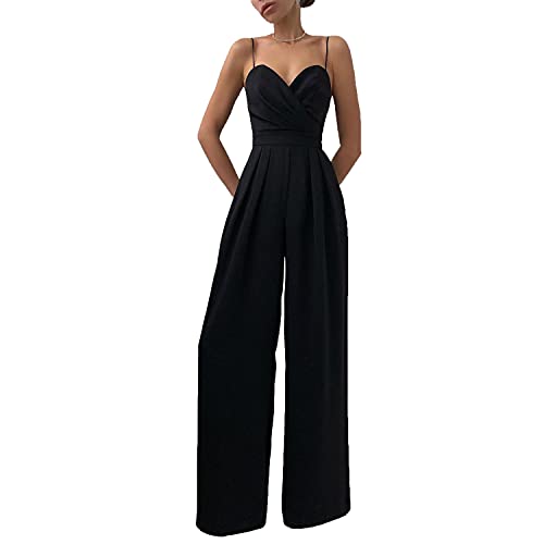 Women s Formal Halter Sleeveless Wide Leg Jumpsuits Sexy Wrap Top Wide Leg Long Jumpsuit Elegant Backless Party Romper (Black,Medium)