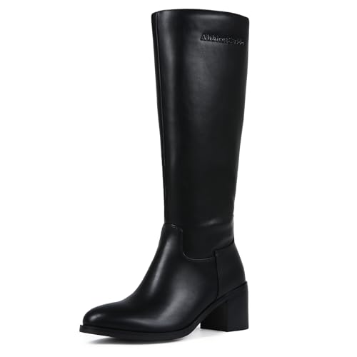 Abbleet Black Boots for Women Wide Calf Boots Knee High Boots Women with Pointed Toe Almond Toe Chunky Block Heel Boot