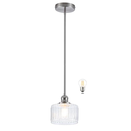 Image of MAYNA 1 Pack Modern Pendant Light with Clear Striped Glass Lmapshade, Brushed Nickel Vintage Pendant Light Fixtures, Adjustable Hanging Light for Kitchen Island Dining Room Hallway(Bulb Included)