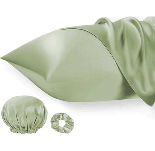 Seiwohl Set di 2 Federe Raso 50x80cm & un elastico e una cuffia, Federa per cuscino in seta, Design con Chiusura A Busta, Morbido come una Federe Seta Cuscino, Verde salvia Federe Cuscini 50x80