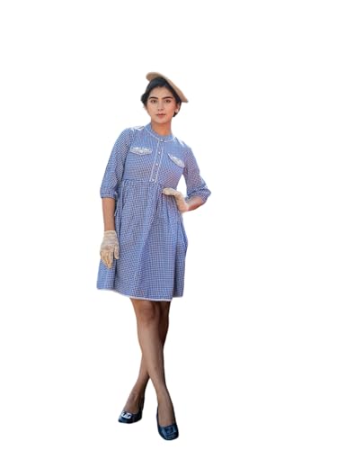 Image of YUFTA Blue Cotton Check Short Dress (1801DRSBL )
