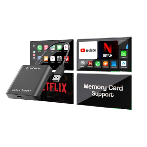 Image of Ambrane 4-in-1 Wireless Android Auto & Carplay Adapter, Support Phone Mirroring, YouTube, Netflix, Converts Wired to Wireless Carplay, 4GB RAM+32GB ROM, WiFi 6, USB A & USB-C (Carlink Stream+, Black)
