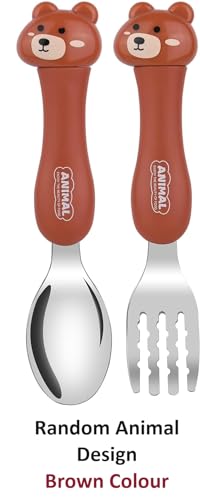 Image of Kids Spoon & Fork Set, Stainless Steel Body with Sturdy Cartoon Handles with Carry Case, Portable Flatware Ideal for Travel & School (Random Design, Brown)