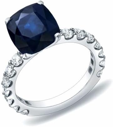 Omkar Creations 14K White Gold Plated 925 Sterling Silver Cushion Cut Created Blue Sapphire and White Diamond Solitaire Wedding Engagement Ring (2 CT)