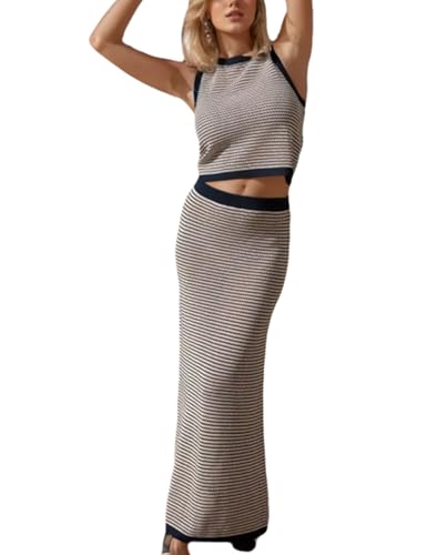Women 2 Piece Sweater Skirt Sets Knit Tank Top Maxi Skirt Set Sleeveless Bodycon Striped Lounge Summer Casual Outfit