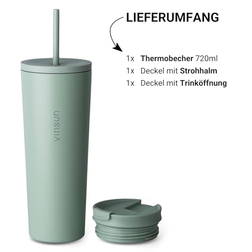 VINSUN Thermobecher mit Strohhalm 720ml - Edelstahl, auslaufsicher, doppelwandig isoliert - Heiß & Kaltgetränke - Kaffee Trinkbecher mit zwei Deckeln für Reisen, Uni 3
