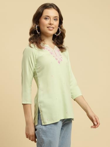 Image of QAZMI Short Kurti for Women| Embroidered Pashmina Straight Rayon Cotton Kurta | Women's Tunic Tops