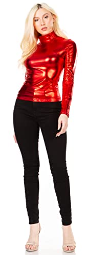 Image of Sakkas Metallic Liquid Mock Neck Turtleneck Long Sleeve Top - Made in USA