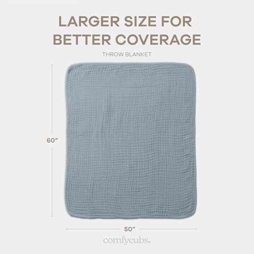 Image of Comfy Cubs Muslin Throw Blanket - 50 inch x 60 inch Quilted Design - Lightweight, Breathable 6-Layer Gauze Fabric - Soft Cotton Blanket for Home or Travel - Packaged in Elegant Gift Box - Pacific Blue