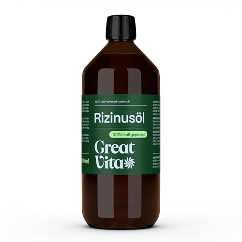 GreatVita Rizinusöl 1 Liter - 100% reines kaltgepresstes Öl, nativ Ph. Eur., Wimpern Serum, Haaröl, natürliche Haarpflege - Aufdruck kann variieren