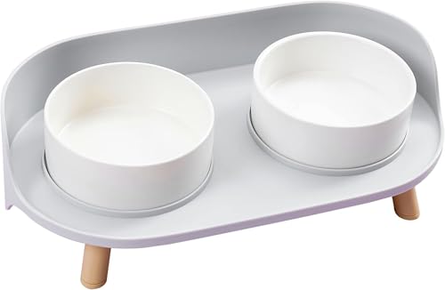ペットボウル 食器台 犬用 猫用 脚付 水飲みボウル フードボウル 陶器製 かわいい フードボウル スタンドセット ペット用品 セラミック 給水器 ペットボウルスタンド 猫 中小型犬 エサ入れ2口食器付 ダブル食器 (グレー)