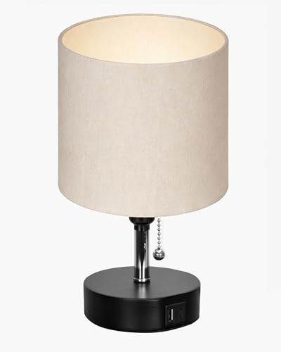 Image of Homesake Bedside Lamp for Bedroom Nightstand Table Light with USB A | C Charging Port, Desk Lamp, Pull Chain Light, Side Table Desk Reading Lamp, Living Room Gift, (Khadi Cylinder)