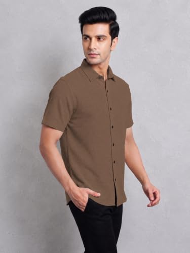 Image of TOPLOT Men's Casual Short Sleeve Button Down Shirt | Lightweight Breathable Textured Linen Formal Shirt | Summer Beach Vacation Relaxed Fit Man Shirts (5260)