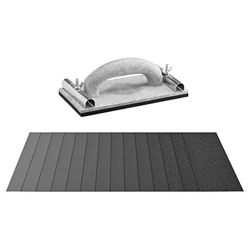Navaris Papeles de lija con mango - Set de 42x lija de 93 x 230 mm con 1x soporte para lijado manual - Lijas en papel impermeables granos 120 a 3000