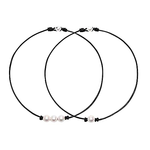 Single White Pearl Choker Necklace with Three Beads Freshwater Pearls Choker Necklace on Genuine Leather Cord Knotted Collarbone Chain Jewelry for Women （2 Pack）