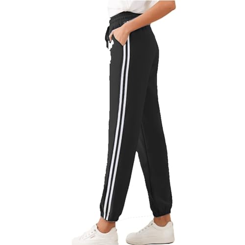 Image of Want Clothing Womens Ladies Side Stripe Joggers Bottoms Elasticated Hem Side Pocket Double Striped Casual Look Lounge Pants (UK, Alpha, L, XL, Regular, Regular, Black)