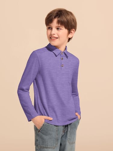 Image of Haloumoning Boys Long Sleeve Polo Shirts Kids Casual Button School Uniform Shirts with Chest Pocket 5-14 Years