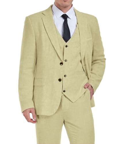 3 Piece Summer Linen Suits for Men Slim Fit Suit Set Men's Business Casual Solid Blazers Vest Pants Set for Wedding Party