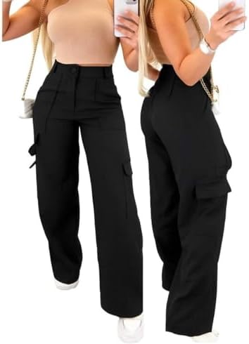 Calça Feminina Alfaiataria Pantalona, Cintura Alta, Cargo com Bolsos Laterais, Tecido Alfaiataria (BR, Alfa, G, Slim, Regular, Preto)
