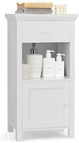 COSTWAY Bathroom Storage Cabinet, Floor Standing Wooden Cupboard with Drawer, Open Shelf and Single Door, Slim Side Cabinet Organiser Unit for Living Room Bedroom Hallway