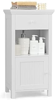 COSTWAY Bathroom Storage Cabinet, Floor Standing Wooden Cupboard with Drawer, Open Shelf and Single Door, Slim Side Cabinet Organiser Unit for Living Room Bedroom Hallway