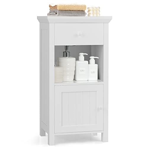 Tangkula Bathroom Floor Cabinet, Freestanding Wooden Cabinet With 1 Drawer & 1 Cabinet & 1 Open Shelf, Storage Cabinet For Bathroom Living Room Home Office, White #TOP26