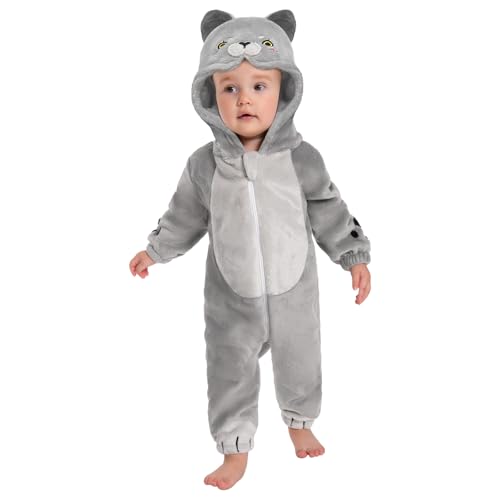 OLAOLA Baby Strampler Unisex, Weichem Flanell Schlafanzug, Kleinkind Tierkostüm, Cartoon Overall Onesie mit Kapuze (Katze, 12-18 Monate)