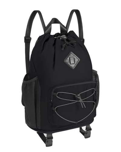 WANDF Drawstring Backpack with Removable Wet Pocket Sandproof Beach Backpack with Bottom Compression Strap for Beach Mat Swim Bag for Pool Gym Travel and Workout Gear (Black)