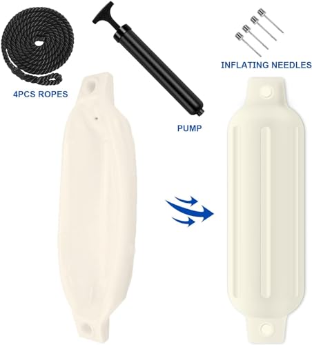 Turmaster Boat Fenders 4 Pack 8.5'' x27'', Ribbed Twin Eyes Boat Fenders Bumpers for Docking, Inflatable Marine Boat Bumper with 4 Ropes, 4 Needles and 1 Pump,White