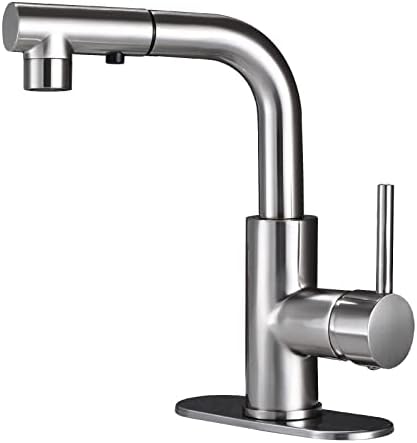 HUAHUALALA Bathroom Sink Faucet with Pull Out Sprayer for Sink 1 Hole,Brass Single Handle for Hot and Cold Water Vanity Basin Faucet,Three Water Flow Modes with Rotating Spout, Brushed Nickel