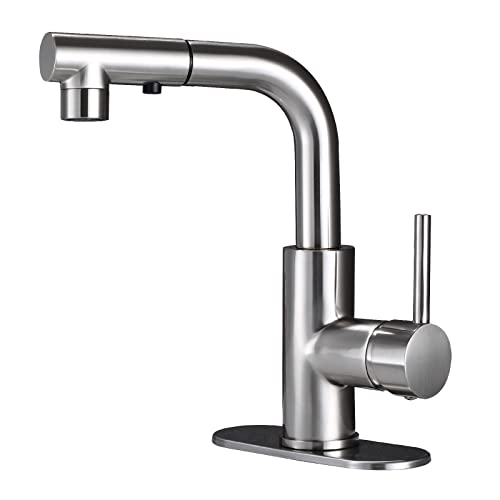 Huahualala Bathroom Sink Faucet With Pull Out Sprayer For Sink 1 Hole,Brass Single Handle For Hot And Cold Water Vanity Basin Faucet,Three Water Flow Modes With Rotating Spout, Brushed Nickel #TOP8