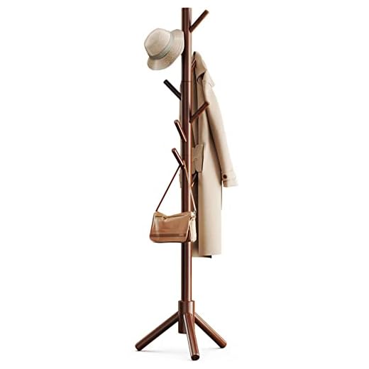 Pipishell Sturdy Wooden Coat Rack Stand, 3 Adjustable Sizes Coat Tree with 8 Hooks, Hallway/Entryway Hat Hanger for Clothes, Accessories, Used in Bedroom, Office, Hallway, Entryway, Bedroom, Brown
