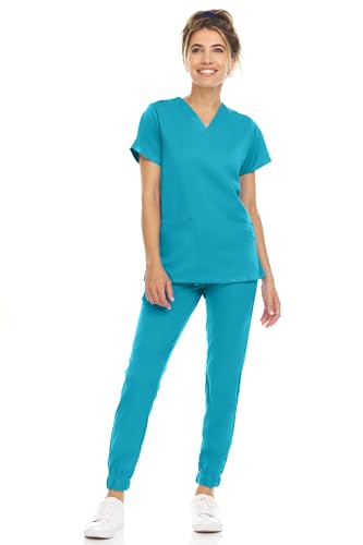 MediChic Scrub Sets for Women – 8-Pocket V-Neck Jogger Scrubs, Anti-Wrinkle, Stretch Medical Nursing Uniforms, Teal Medium