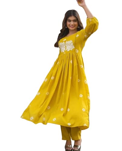GoSriKi Women's Rayon Blend Anarkali Printed Kurta with Pant (ANVESHI Yellow-GS_XL_Yellow_X-Large)